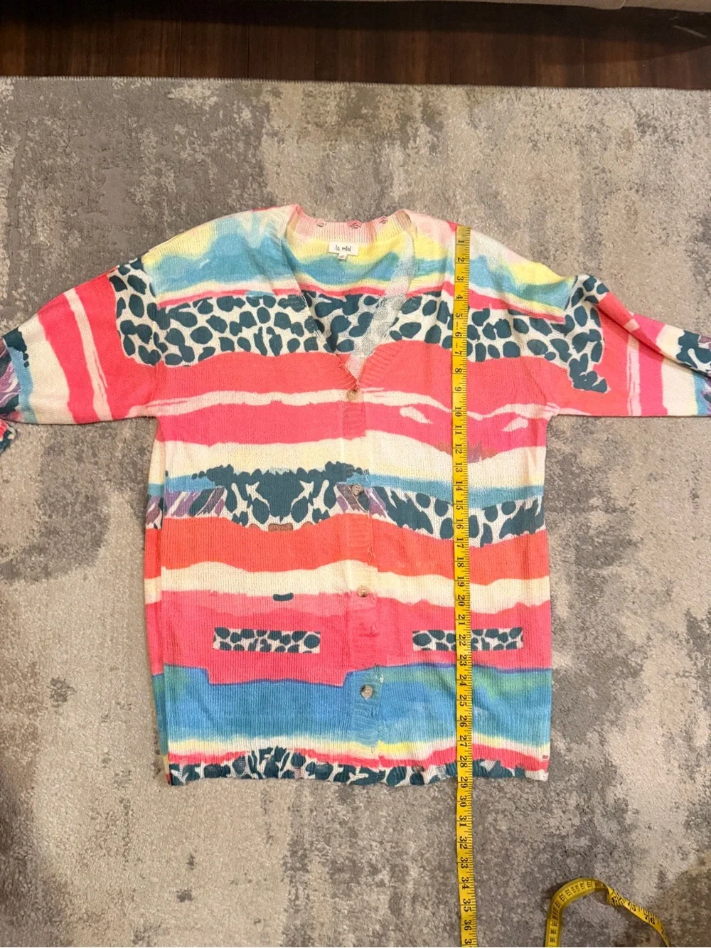 LA MIEL Pastel Rainbow Knit Cardigan in Pink, Yellow, Blue